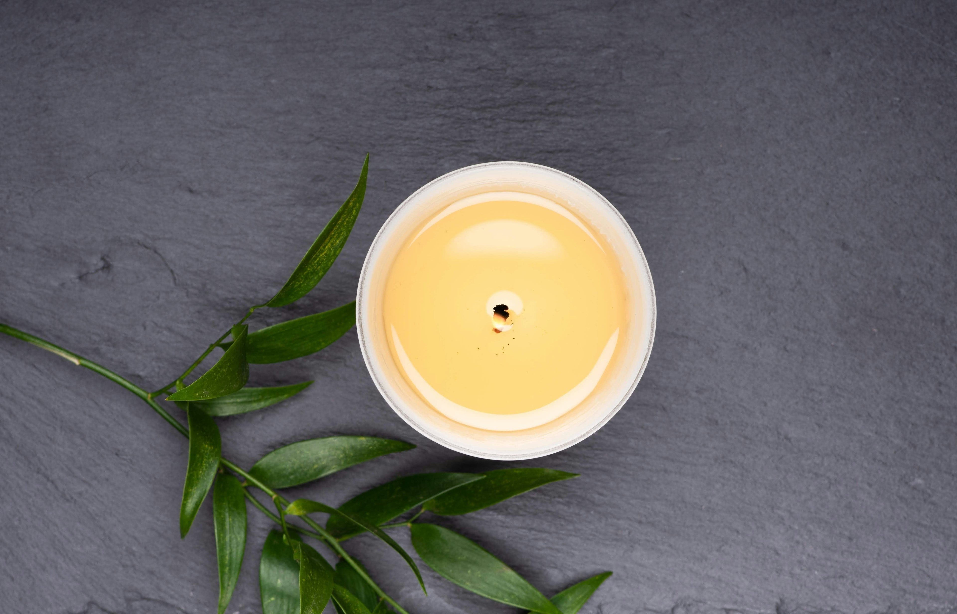 Top view of a yellow soy wax candle in a glass container with a green leafy branch on a dark slate background.